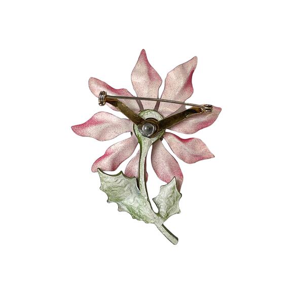 1960s Red Green Yellow Enamel Poinsettia Holiday Christmas Flower Pin Brooch - Picture 2 of 3